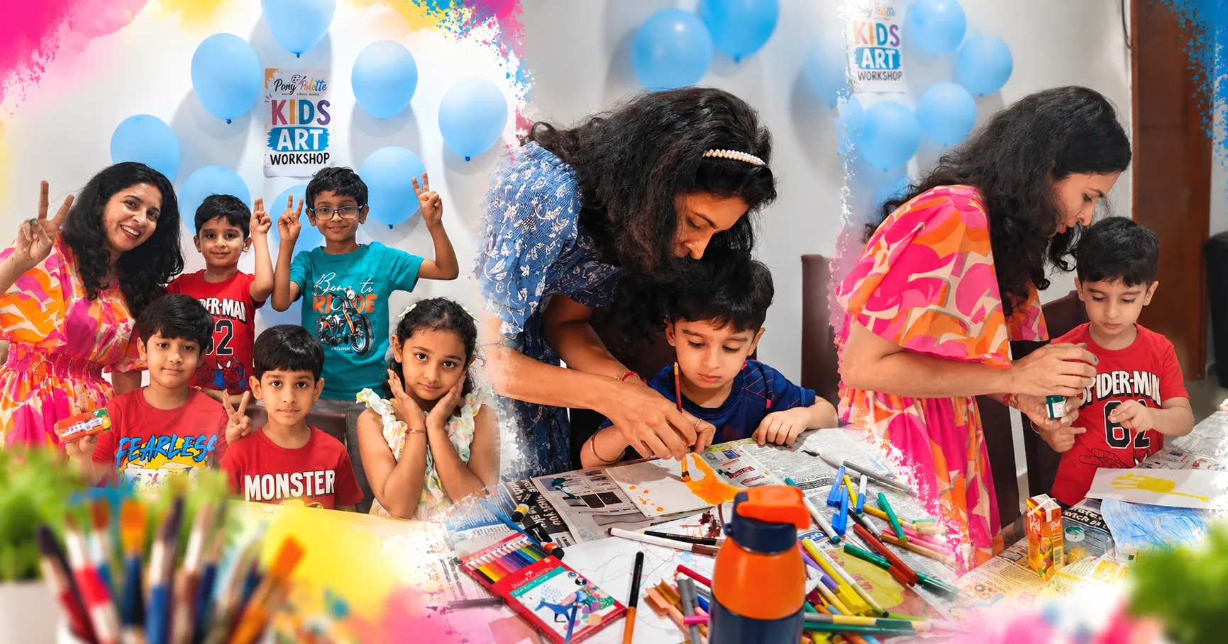 Small-group art class at Pony Palette with children receiving guided instruction